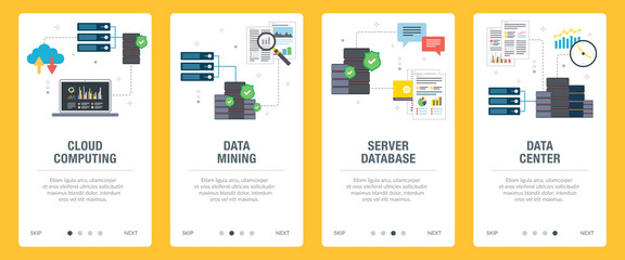 Concepts of cloud computing, data mining, server database and data center. Web banners template with flat design icons in vector illustration.
