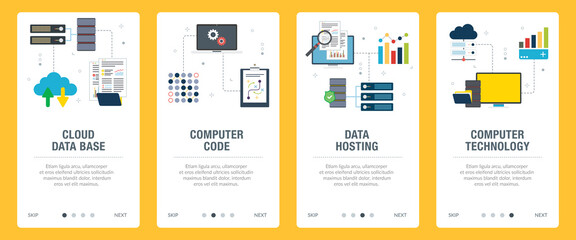 Concepts of cloud data base, computer code, data hosting and computer technology. Web banners template with flat design icons in vector illustration.