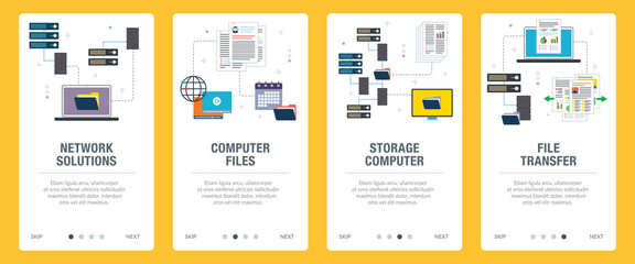 Obraz na płótnie Canvas Concepts of network solutions, computer files, storage computer and file transfer. Web banners template with flat design icons in vector illustration.