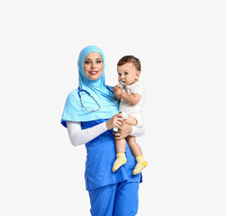 Muslim pediatrician with baby boy on light background