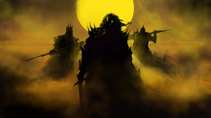Silhouettes of a group of people in armor and with weapons stand in a yellow fog illuminated by the sun. 2D illustration - obrazy, fototapety, plakaty
