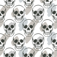 Skull pattern with brush strokes on background. Seamless stylish background for textile print.