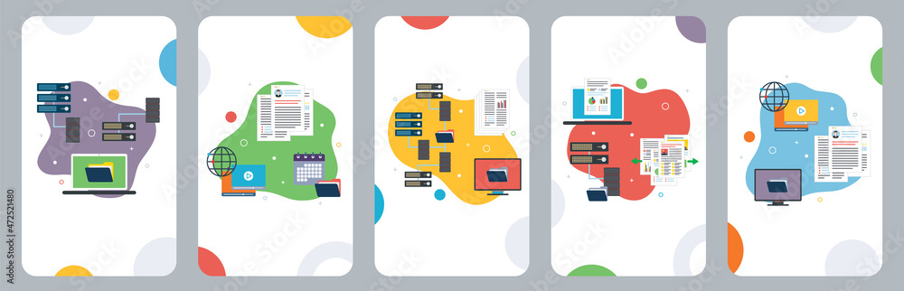 Poster network, computer, storage and file transfer icons. concepts of network solutions, computer files, s