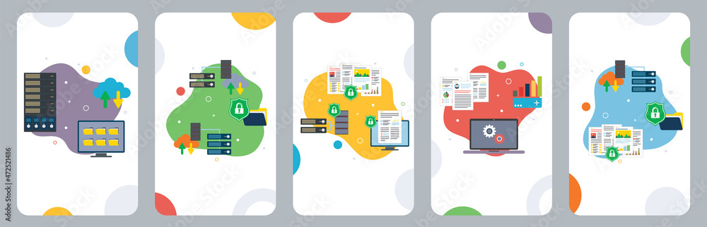 Poster mainframe, computer, cloud storage, big data, security and protection icons. concepts of mainframe c