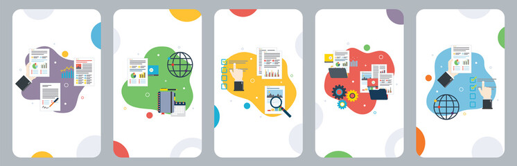 Business, paperwork, management, report and organization icons. Concepts of business paperwork, management report, paperwork organization, file organization. Flat design icons in vector illustration.