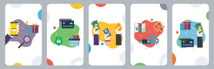 Online shopping, e-commerce, purchase, payment and delivery icons. Concepts of online shopping, purchase payment, payment methods, purchase delivery. Flat design icons in vector illustration. 