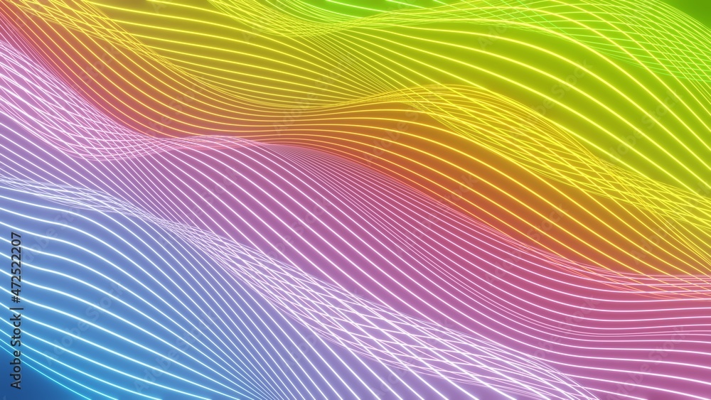 Poster abstract background with dynamic colourful particle sound waves. wave of musical soundtrack for reco