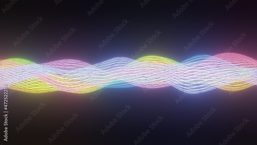 Poster abstract background with dynamic colourful particle sound waves. wave of musical soundtrack for reco