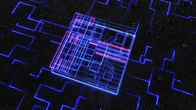 Animation CPU GPU Circuit Board Starting Artificial Intelligence Digitalization Of Neural Networking And Cloud Computing Data. Internet Of Things, Virtual Reality. Futuristic Microchip Processors.