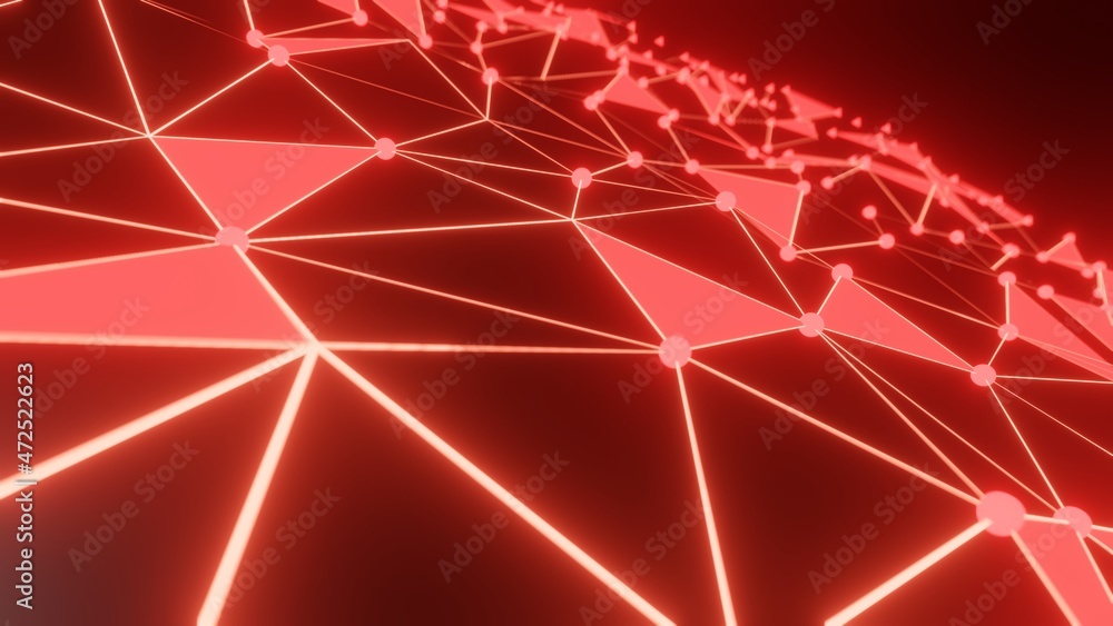 Poster abstract digital black background.with red polygons and dots.3d blend mesh wave.digital data visuali