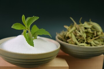 Stevia rebaudiana. Dried stevia leaves, stevia green branch in stevia powder on a dark green background.Organic natural sweetener.