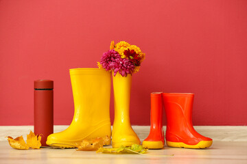 Rubber boots, thermos, flowers and fallen leaves against color wall