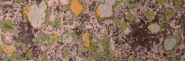 Peeling paint on the wall. Panorama of a concrete wall with old cracked flaking paint. Weathered...
