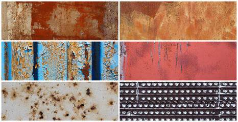 Set of old rusty metal textures. Rough dirty metal surface with rust. Collection of panoramic backgrounds for design.