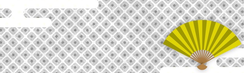 銀色の和柄模様（鹿の子）の扇子イラスト付きバナー背景