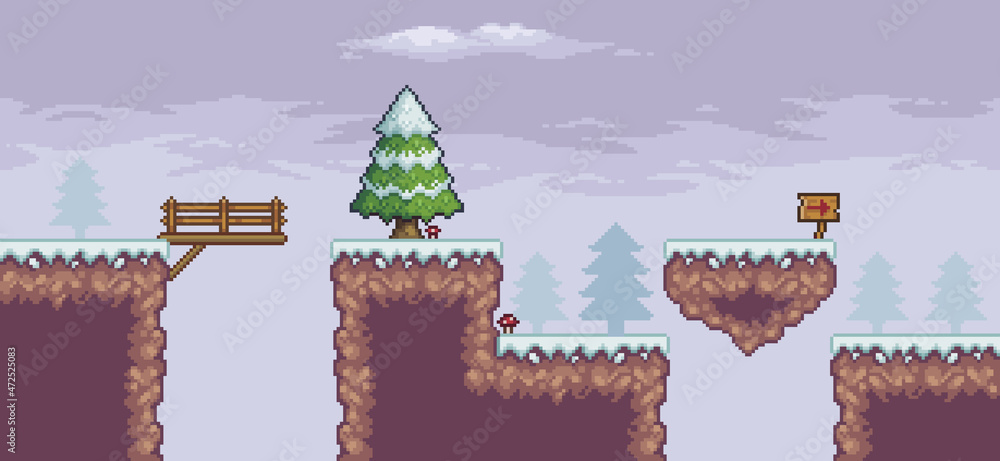 Poster pixel art game scene in snow with pine trees, floating island, bridge, and clouds 8 bit vector backg