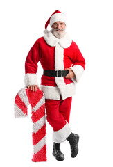 Santa Claus with candy cane pinata isolated on white