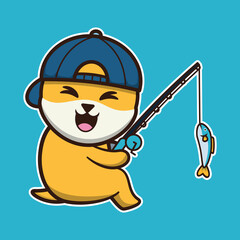 vector illustration of shiba dog 
fishing, suitable for children's books, birthday cards, valentine's day.	