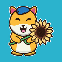 Obraz na płótnie Canvas vector illustration of shiba dog hug sunflower, suitable for children's books, birthday cards, valentine's day. 