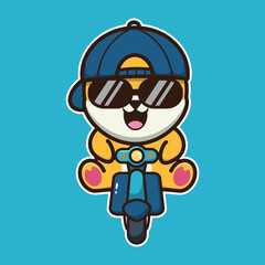 vector illustration of shiba dog, riding a motorcycle, suitable for children's books, birthday cards, valentine's day.	