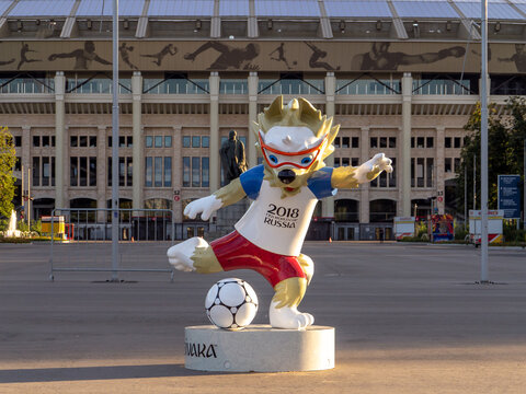 Zabivaka the Wolf is the official mascot of the 2018 FIFA World Cup at the Luzhniki Stadium. Moscow, Russia - August 8, 2018