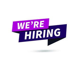 We are hiring label sign. Black and pink origami style sticker. Vector