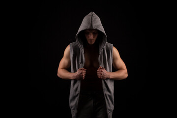Fototapeta na wymiar Sport man Fighter Standing in Dark Room Isolated. UFC, Box, MMA Concept