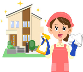 ピカピカの一軒家の前で清掃用具を持つエプロンをつけた女性
