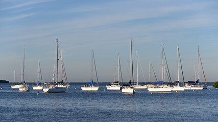 Fototapeta na wymiar Sailboats at anchor off Crandon Park and marina on sunny autumn morning.