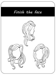 Worksheet. Game for kids, children. Complete the picture. Finish the girl's face from different angles. Good for class activity for teachers or homeschooling. Learn how to draw. Practice.