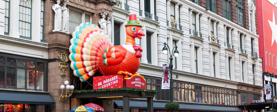 Macy’s Department Store in Herald square with a turkey decoration on the entrance for the Thanksgiving Day Parade