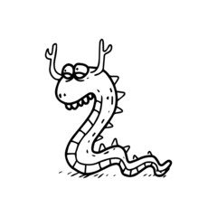a hand drawn illustration of a cute reptile monster. cute doodle cartoon drawing of a fantasy character in uncolored style. a funny element design.