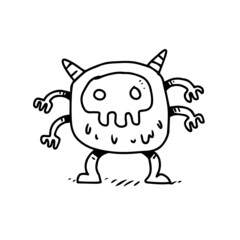a hand drawn illustration of a cute monster with mask and four hands. cute doodle cartoon drawing of a fantasy character in uncolored style. a funny element design.