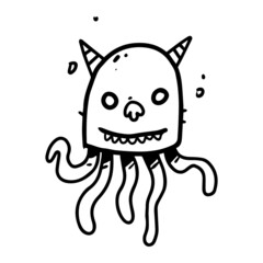 a hand drawn illustration of a smiling monster with horns. cute doodle cartoon drawing of a fantasy character in uncolored style. a funny element design.