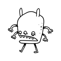 a hand drawn illustration of a cute monster with four hands. cute doodle cartoon drawing of a fantasy character in uncolored style. a funny element design.