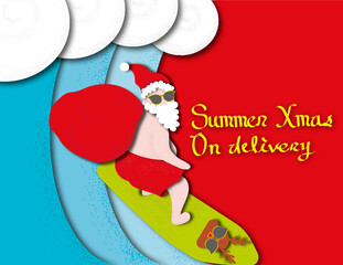 santa claus and rudolf surfing board with gift, summer christmas