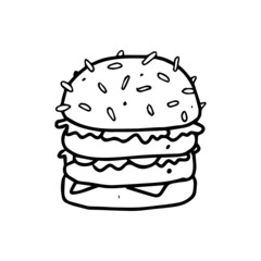 a hand drawn illustration of a burger. a food illustrated in an outline. uncolored drawing of the western dish for decorative element design.
