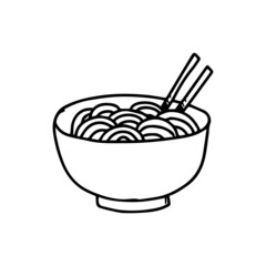 a hand drawn illustration of the eastern dish, a bowl of ramen. food and beverage illustrated in an uncolored drawing outline for decorative element design.