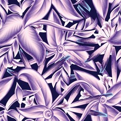 purple monochromatic botanical seamless pattern background with topical flowers plants and foliage on dark. suitable for fashion print, graphic, wallpaper and craft. Floral background. Exotic summer 