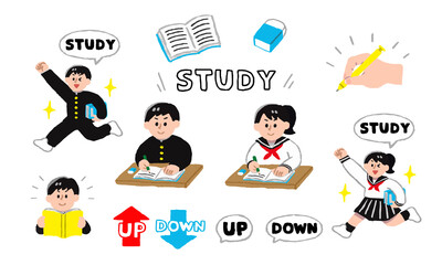 勉強するセーラー服女子学生学ラン男子学生セット（手描きカラー）