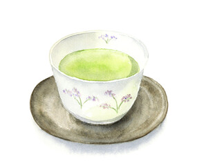 緑茶が入った湯のみの水彩イラスト　影あり　アナログ手描き