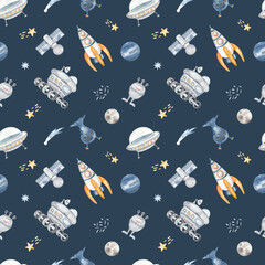 Watercolor seamless pattern space with flying saucer, rocket, satellite, lunar rover, aliens, stars, planets on a blue background © MarinaErmakova