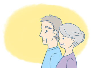 明るい横向きシニア男女のイラスト