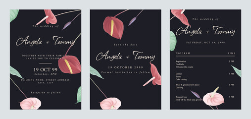 Floral wedding invitation card set template design, anthurium flowers and leaves, dark grey theme