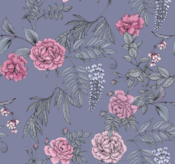 Floral seamless pattern with peonies and roses. Illustration hand drawing pink flowers on a gray background.