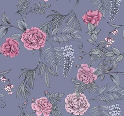 Deurstickers Floral seamless pattern with peonies and roses. Illustration hand drawing pink flowers on a gray background. © OlgaShashok