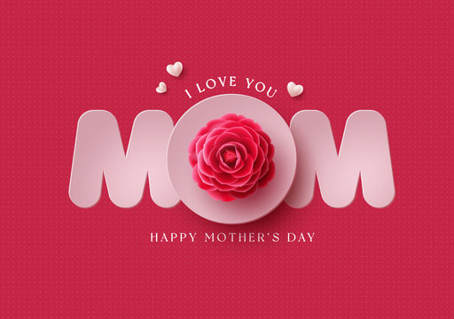 Happy mother's day vector design. Mother's day greeting card with mom paper cut text in red pattern background for mommy celebration decoration. Vector Illustration.
