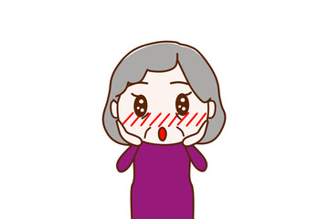 （上半身正面）驚きながら目を輝かせて感動し顔を真っ赤にする高齢の女性