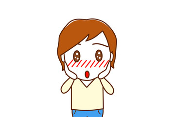 （上半身正面）驚きながら目を輝かせて感動し顔を真っ赤にする白人男性