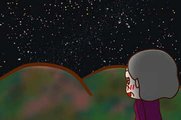 （上半身斜め後ろ）満天の星空を見て目を輝かせて感動する高齢の女性